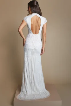 Robe de Mariée Coast Honoured à Manches Courtes avec Perles et Ornements et Silhouette Sirène