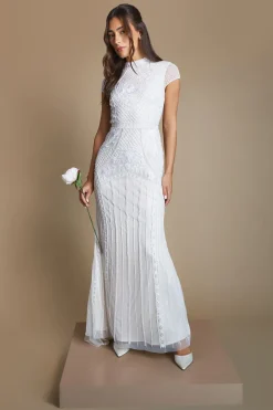 Robe de Mariée Coast Honoured à Manches Courtes avec Perles et Ornements et Silhouette Sirène