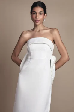 Robe de Mariée Colonne Bandeau avec Garniture de Perles et Nœud