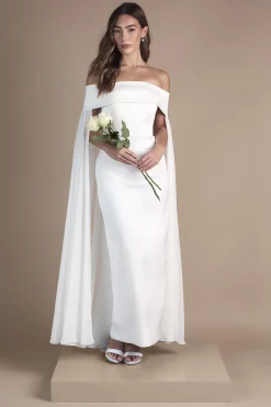 Robe de Mariée Colonne Bardot à Cape en Sergé