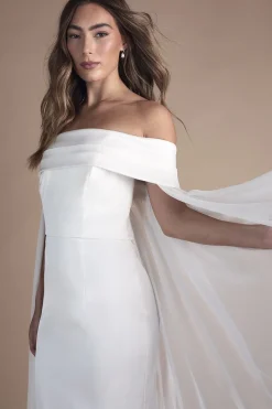 Robe de Mariée Colonne Bardot à Cape en Sergé