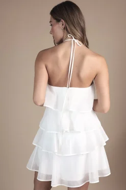 Robe de Mariée Courte à Col Halter avec Détails Corsage et Superpositions