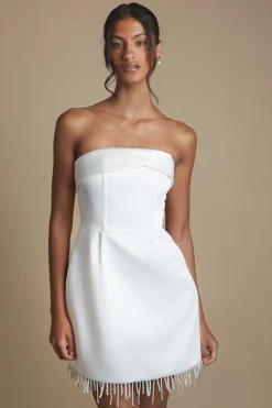 Robe De Mariée Courte En Satin Sans Bretelles Avec Bordure De Perles À L'ourlet Pour Petite Taille