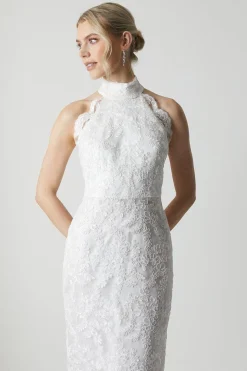 Robe de Mariée en Dentelle Brodée à Col Montant Avec Traîne