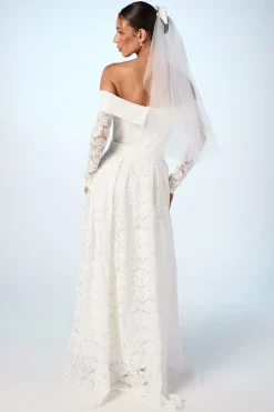 Robe de Mariée en Dentelle à Manches Longues Bardot avec Jupe Amovible