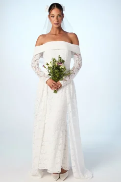 Robe de Mariée en Dentelle à Manches Longues Bardot avec Jupe Amovible