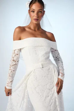 Robe de Mariée en Dentelle à Manches Longues Bardot avec Jupe Amovible