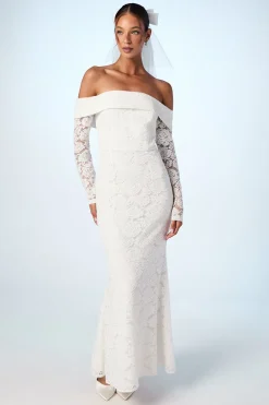 Robe de Mariée en Dentelle à Manches Longues Bardot avec Jupe Amovible
