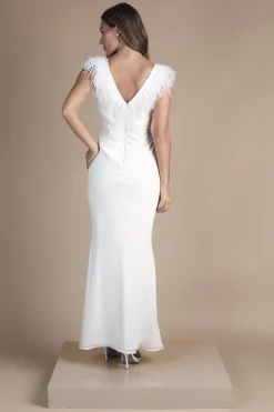 Robe de Mariée en Satin Col V avec Détail Plumes aux Épaules