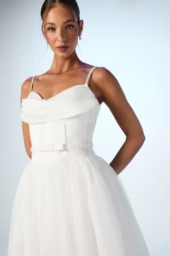Robe de Mariée en Satin à Corsage et Col Drapé