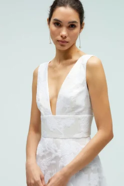 Robe de Mariée Jacquard à Décolleté Plongeant et Jupe Ample