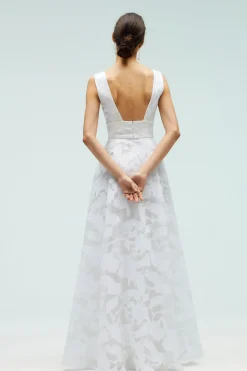 Robe de Mariée Jacquard à Décolleté Plongeant et Jupe Ample