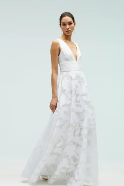 Robe de Mariée Jacquard à Décolleté Plongeant et Jupe Ample