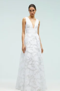 Robe de Mariée Jacquard à Décolleté Plongeant et Jupe Ample