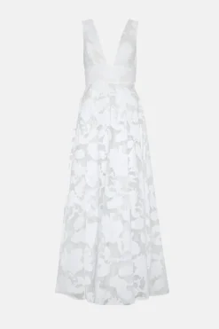 Robe de Mariée Jacquard à Décolleté Plongeant et Jupe Ample