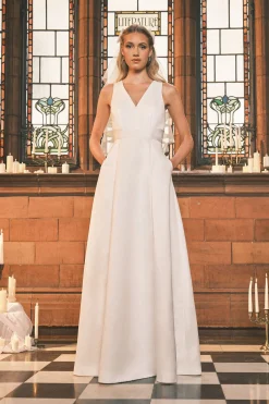 Coast Robe de Mariée Longue en Satin avec Décolleté Plongeant en V et Nœud au Dos<Femme Satin Et Dentelle|Robes