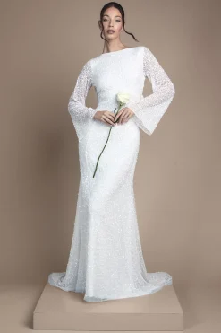 Robe de Mariée Longue à Manches Évasées et Dos Drapé avec Sequins