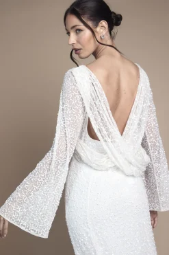 Robe de Mariée Longue à Manches Évasées et Dos Drapé avec Sequins