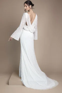 Robe de Mariée Longue à Manches Évasées et Dos Drapé avec Sequins