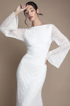 Robe de Mariée Longue à Manches Évasées et Dos Drapé avec Sequins