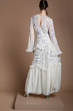 Robe De Mariée Longue À Paillettes À Volants Étagés Et Manches Longues