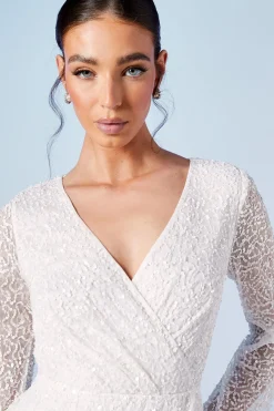 Robe de Mariée Longue à Sequins avec Corsage Croisé et Manches Longues