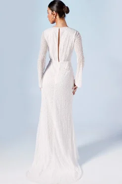 Robe de Mariée Longue à Sequins avec Corsage Croisé et Manches Longues