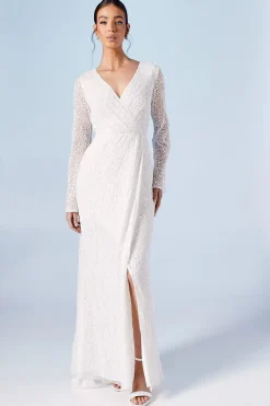 Robe de Mariée Longue à Sequins avec Corsage Croisé et Manches Longues