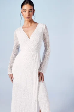 Robe de Mariée Longue à Sequins avec Corsage Croisé et Manches Longues