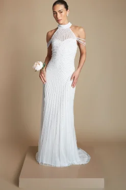 Robe De Mariée À Manches Drapées Ornée De Perles