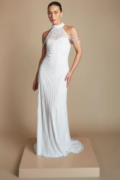 Robe De Mariée À Manches Drapées Ornée De Perles
