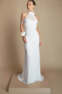 Robe De Mariée À Manches Drapées Ornée De Perles