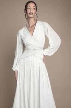 Robe de Mariée à Manches Longues avec Ornements Linéaires