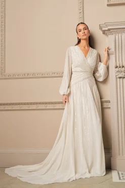 Robe de Mariée à Manches Longues avec Ornements Linéaires