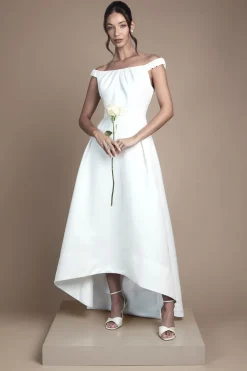 Robe de Mariée Maxi Bardot Évasée avec Ourlet Asymétrique