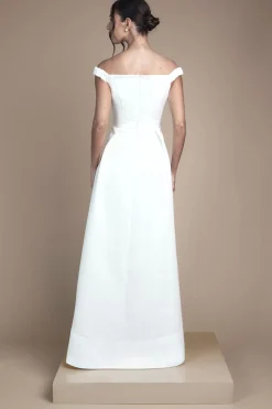 Robe de Mariée Maxi Bardot Évasée avec Ourlet Asymétrique