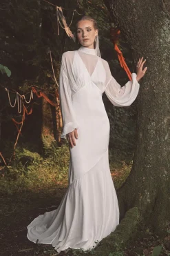 Robe de Mariée Maxi Bohème à Manches Longues avec Superposition de Mousseline