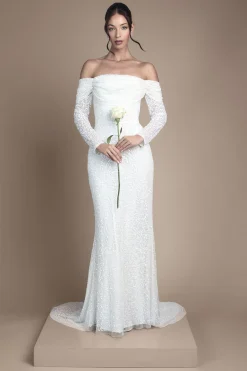 Robe de Mariée Maxi Coast Honoured à Sequins Drapée Bardot Manches Longues
