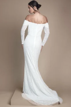 Robe de Mariée Maxi Coast Honoured à Sequins Drapée Bardot Manches Longues