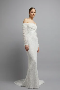 Robe de Mariée Maxi Coast Honoured à Sequins Drapée Bardot Manches Longues