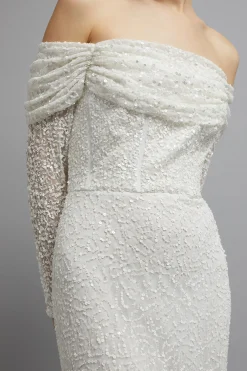 Robe de Mariée Maxi Coast Honoured à Sequins Drapée Bardot Manches Longues