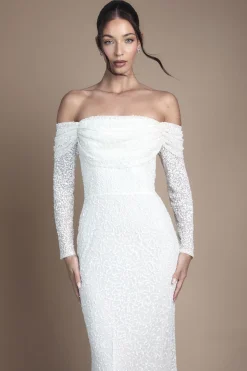 Robe de Mariée Maxi Coast Honoured à Sequins Drapée Bardot Manches Longues
