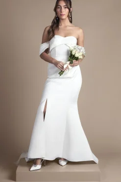 Robe de Mariée Maxi en Satin Structuré avec Décolleté Bardot Torsadé et Traîne Sirène
