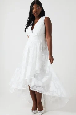 Robe de Mariée Maxi Grande Taille à Décolleté Plongeant en Organza Jacquard Cascade