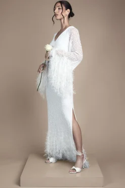 Robe de Mariée Maxi à Manches Longues Ornée de Sequins et Garniture de Plumes