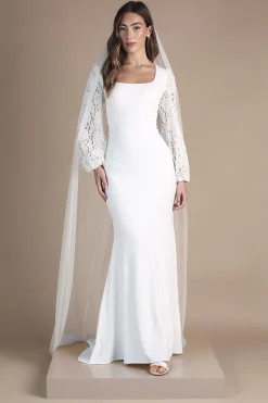 Robe de Mariée Maxi Queue de Poisson à Encolure Carrée et Manches Statement