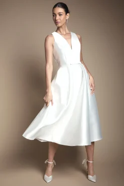 Robe de Mariée Midi à Décolleté Plongeant avec Nœud à la Taille et Poches