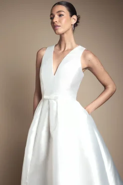 Robe de Mariée Midi à Décolleté Plongeant avec Nœud à la Taille et Poches