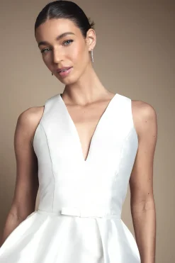 Robe de Mariée Midi à Décolleté Plongeant avec Nœud à la Taille et Poches