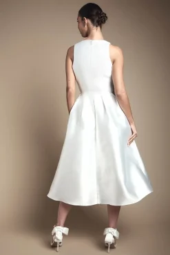 Robe de Mariée Midi à Décolleté Plongeant avec Nœud à la Taille et Poches